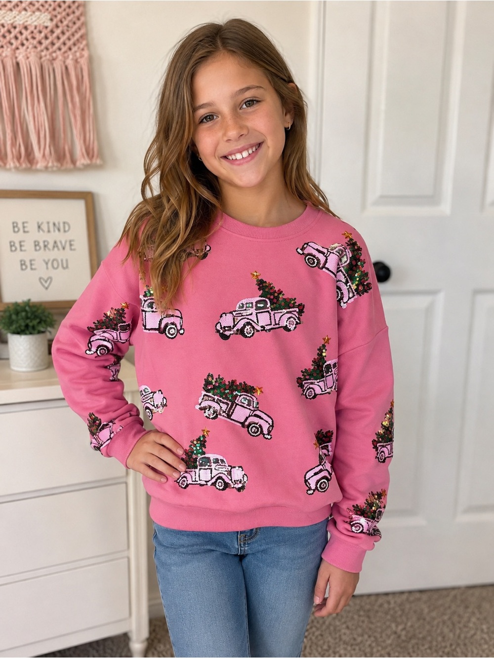 QUEEN OF SPARKLES Pink Vintage Truck Sequin Crewneck Sweater